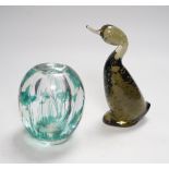 An Orrefors glass vase and similar glass duck, duck 19cm