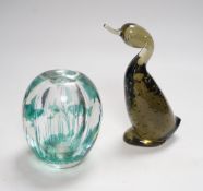 An Orrefors glass vase and similar glass duck, duck 19cm