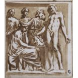 French or Italian School, circa 1600, en grisaille watercolour, Five classical figures, inscribed on