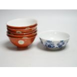 Five Chinese coral ground bowls and a blue and white bowl, 13cm (6)