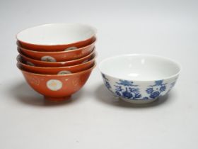 Five Chinese coral ground bowls and a blue and white bowl, 13cm (6)