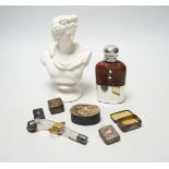 Eight items of objets d'art, including Parian bust, miniature French and English Dictionary in a