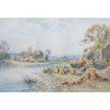Henry John Kinnaird (fl.1880-1920), River landscape with hayricks, signed, details verso, 50 x 35cm