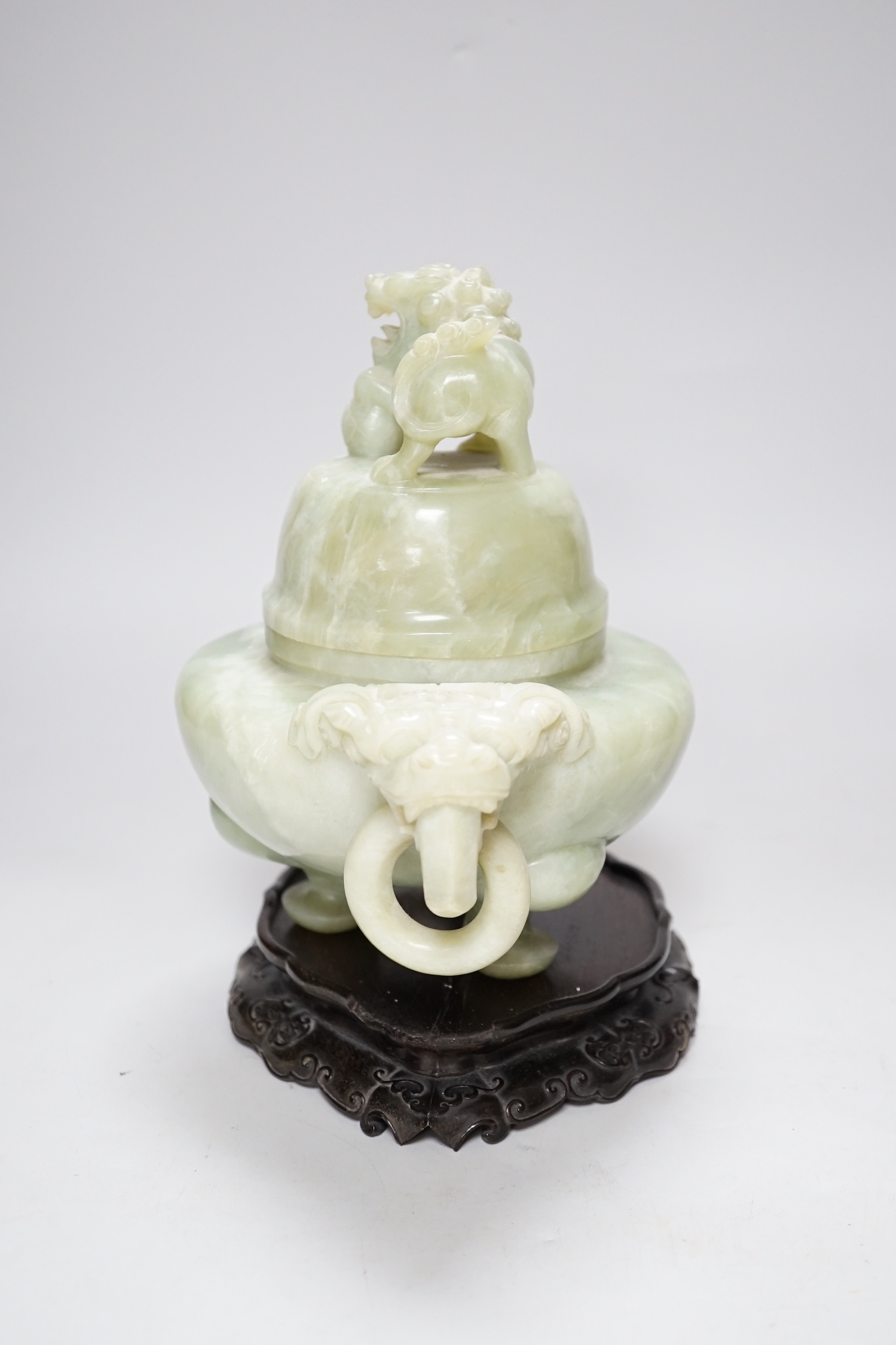 A large Chinese bowenite jade censer and cover on carved hardwood stand, 21cm wide - Image 3 of 6