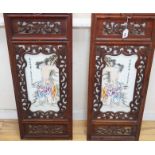 Two Chinese carved framed sets of Chinese famille rose plaques, 94 x 38cm