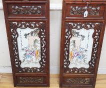 Two Chinese carved framed sets of Chinese famille rose plaques, 94 x 38cm