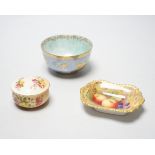 Three pieces of Worcester, a lustre bowl, a lidded bowl with floral decoration and a fruit painted