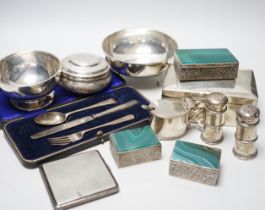 A small mixed collection of silver to include a cigarette box, together with an .830 standard marked