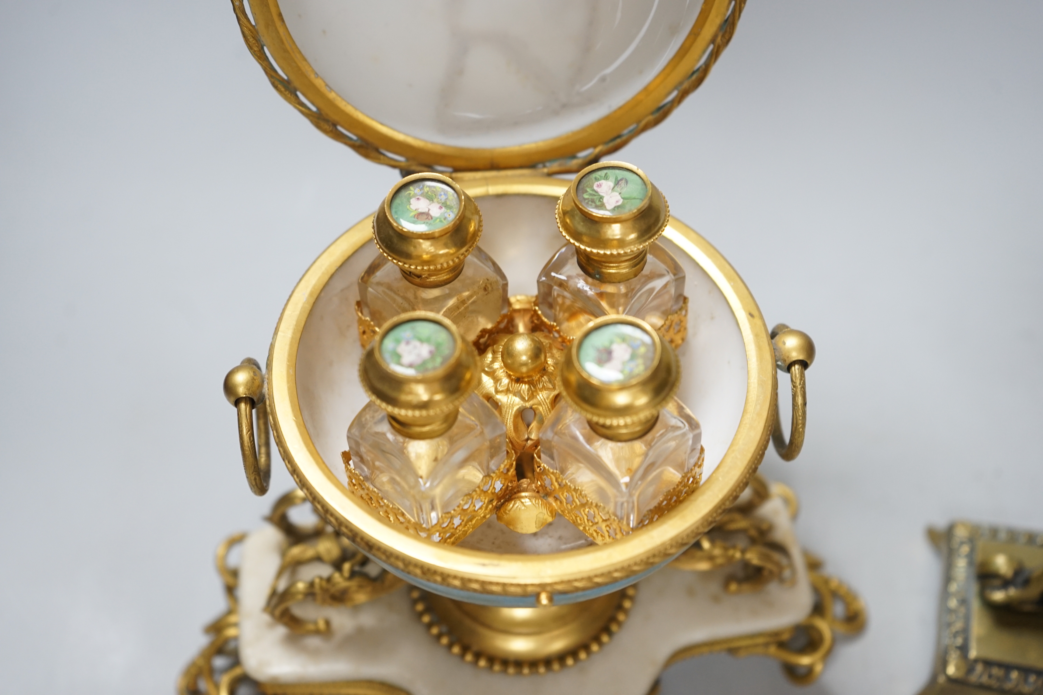 A 19th century French globular scent bottle casket together with a similar ash tray and a watch - Image 4 of 5