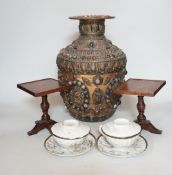 An early 20th century Tibetan hardstone mounted copper vase, Japanese porcelain cups and saucers and