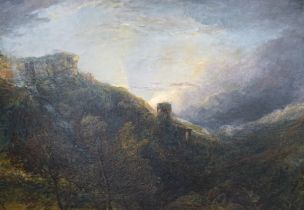 Manner of Thomas Creswick RA (1811-1869) oil on canvas, 'Dolbadaran, Wales', applied plaque to the