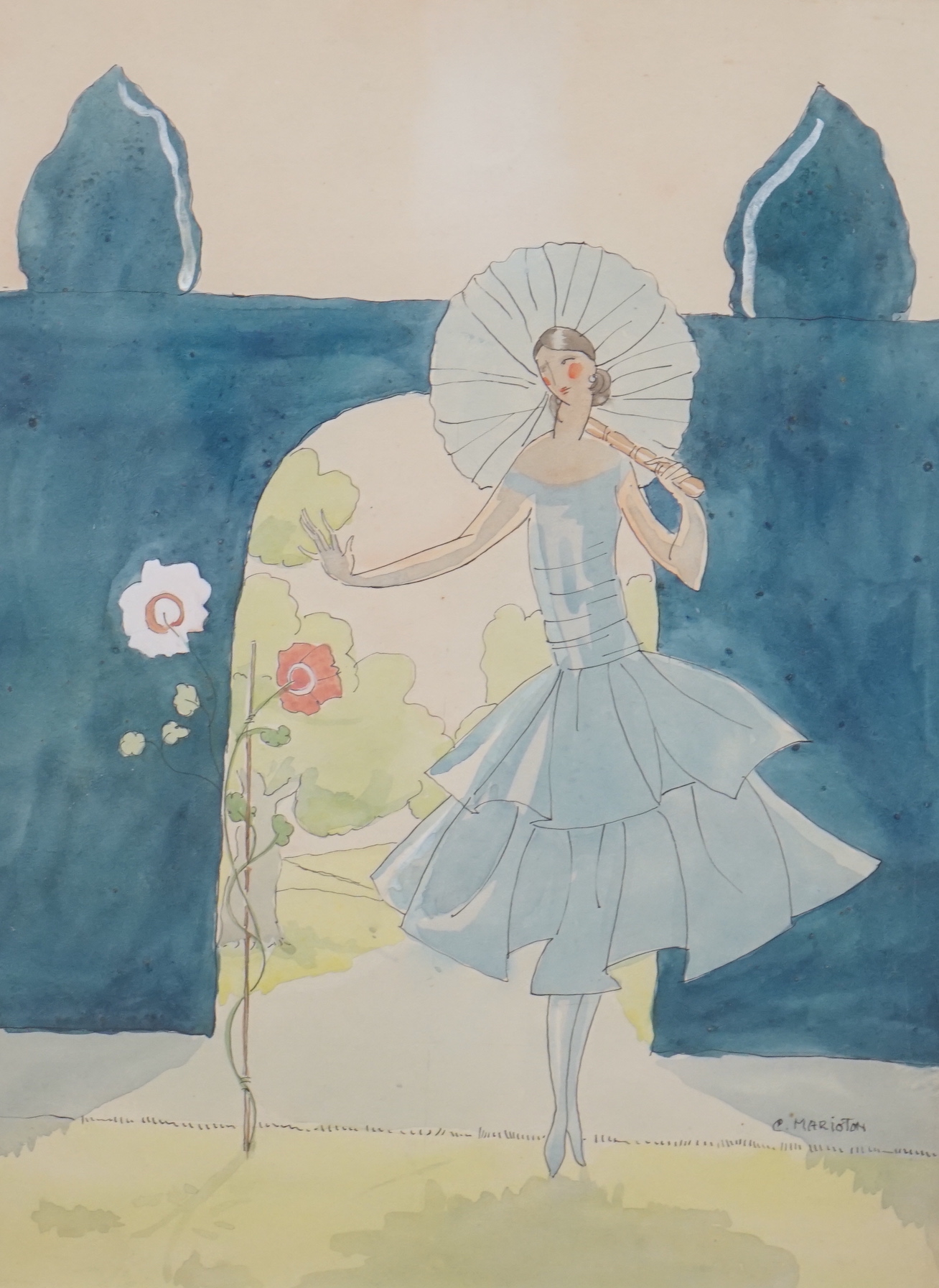 Catherine Marioton (Fashion illustrator 1901-1995) ink and watercolour, 'Reveuse à L'Ombrelle', 30 x