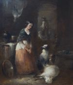 19th century English School, oil on canvas, Young lady with dogs in an interior, details and chalk