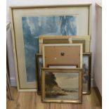 Seven various watercolours, pastels, prints and an oil, one by Kay Riley and titled 'Low Tide,