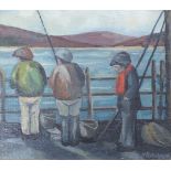 Liz McLoughlin (Contemporary), oil on board, Anglers on a pier, signed, 15 x 17cm
