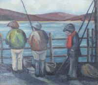 Liz McLoughlin (Contemporary), oil on board, Anglers on a pier, signed, 15 x 17cm