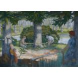 1930’s Ruritanian School, oil on board, woodmen in a landscape, probably a mural, overall 183 x