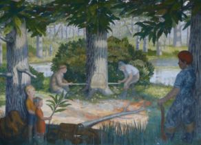 1930’s Ruritanian School, oil on board, woodmen in a landscape, probably a mural, overall 183 x