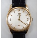 A gentleman's 1960's 9ct gold Omega manual wind wrist watch, with engraved inscription and