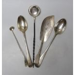 An 18th century silver Old English pattern basting spoon, marks pinched, a similar late Victorian