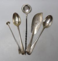 An 18th century silver Old English pattern basting spoon, marks pinched, a similar late Victorian