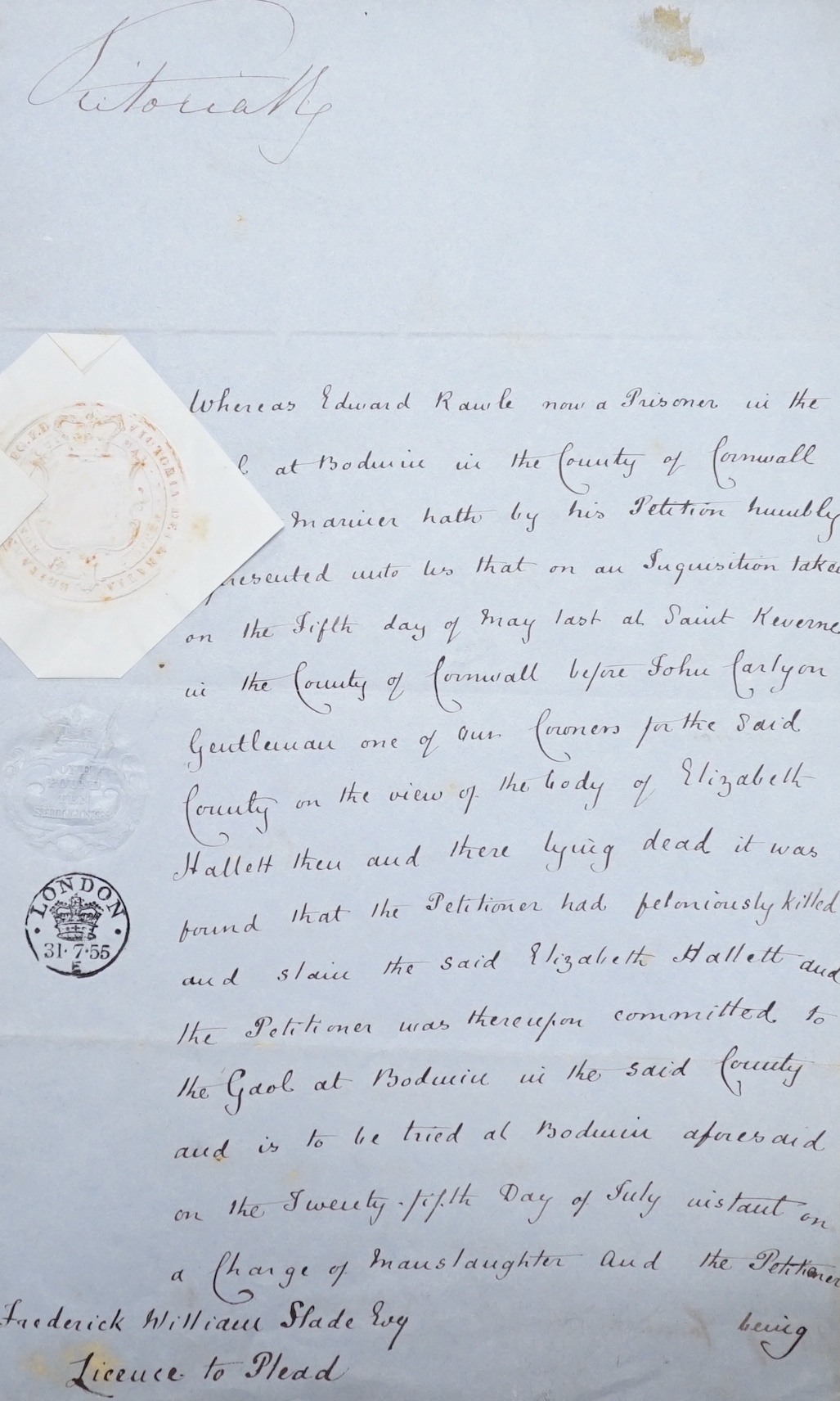 A handwritten licence to plead to Frederick William Slade, dated 31 July 1855, countersigned by