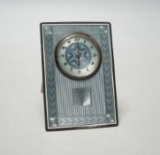 A 1920's Swiss 935 white metal and guilloche enamel mounted rectangular easel timepiece, 10.6cm.