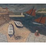 20th century, oil on board, Harbour scene with moored fishing boats, inscribed 'Wood' verso, 60 x
