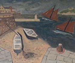 20th century, oil on board, Harbour scene with moored fishing boats, inscribed 'Wood' verso, 60 x