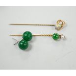 A 9ct and enamel stick pin, 6.1mm, a pair of jade earrings and a jade and cultured pearl set stick