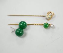 A 9ct and enamel stick pin, 6.1mm, a pair of jade earrings and a jade and cultured pearl set stick