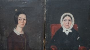 19th century English School, pair of oils on canvas, portraits of two ladies wearing mid Victorian