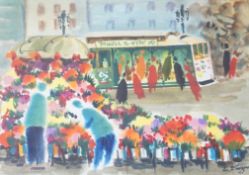Lewis Suzuki (American 1920-2016) watercolour, Flower sellers before buildings, signed, California