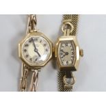 Two lady's 9ct manual wind wrist watches, one with 9ct gold bracelet, the other retailed by Mappin