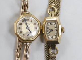 Two lady's 9ct manual wind wrist watches, one with 9ct gold bracelet, the other retailed by Mappin