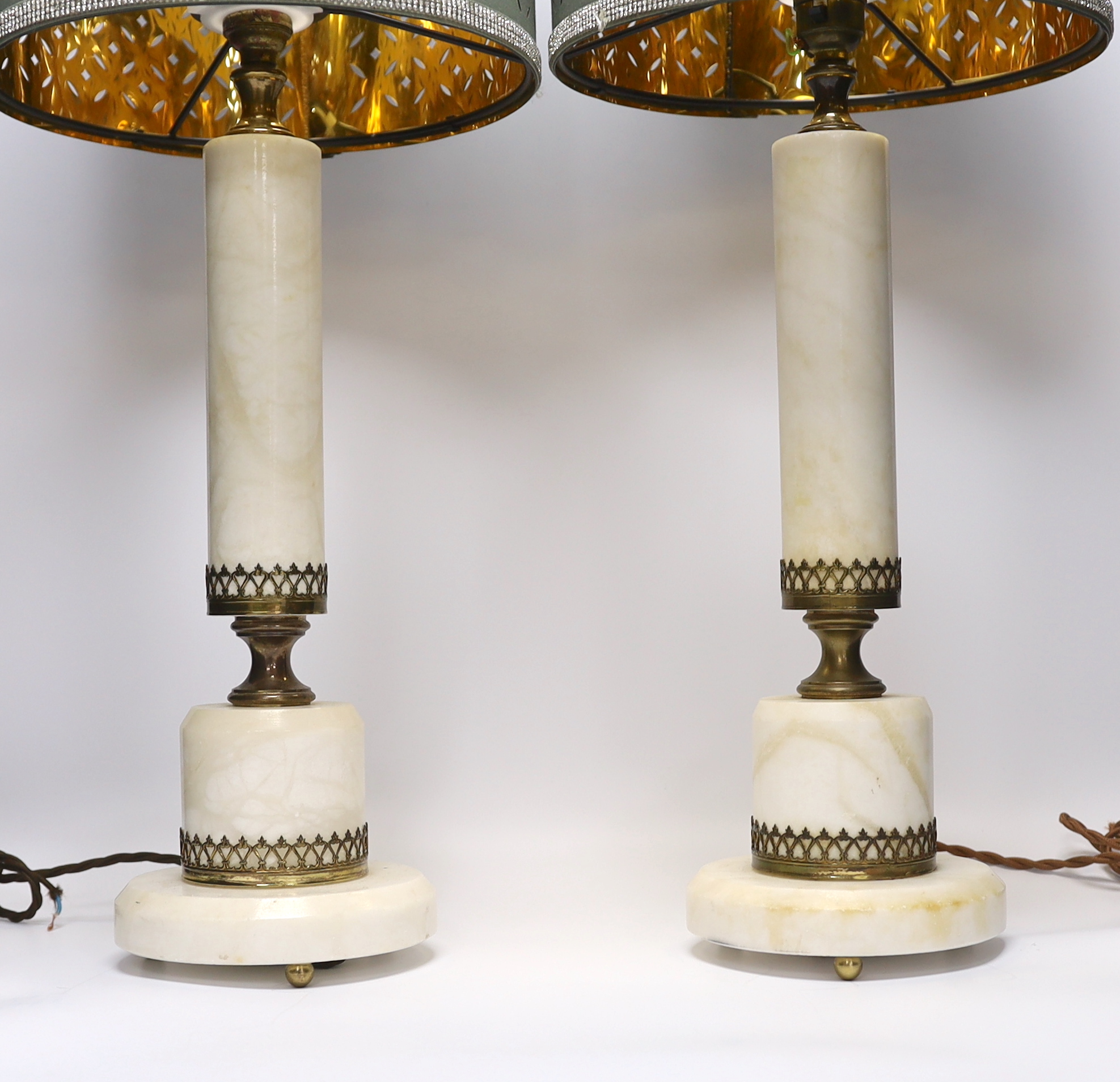 A pair of white marble column table lamps with gilt metal mounts and shades, 61cm high overall - Image 2 of 4