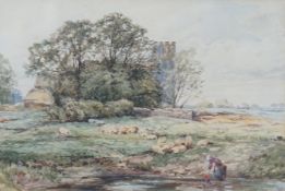 Attributed to Myles Birket Foster (1825-1899), watercolour, Landscape with lady beside a pond,