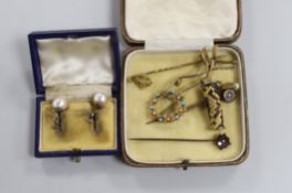 A pair of 9ct white metal and cultured pearl ear clips, a circular brooch, arrow and quiver brooch