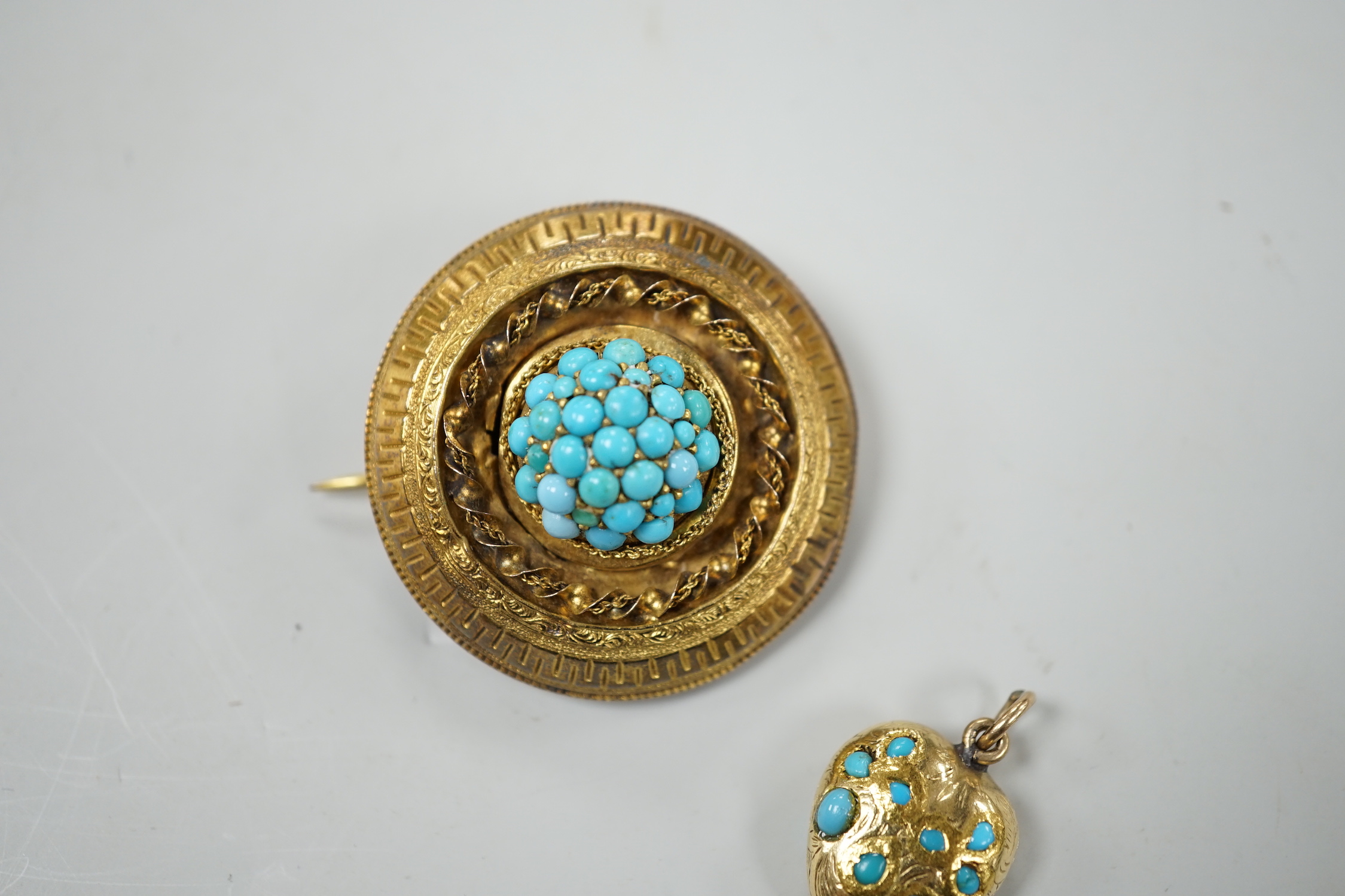 An Edwardian yellow metal and turquoise cluster set heart pendant, 16mm, together with a larger gilt - Image 2 of 4