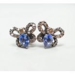 A pair of 750 white metal, sapphire and diamond cluster set bug earrings, width 13mm, gross weight