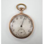 A yellow metal open faced keyless pocket watch, the Arabic dial with subsidiary seconds and