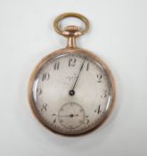A yellow metal open faced keyless pocket watch, the Arabic dial with subsidiary seconds and