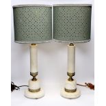 A pair of white marble column table lamps with gilt metal mounts and shades, 61cm high overall