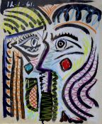 In the manner of Pablo Picasso (1881-1973), mixed media, Surreal portrait, 45 x 38cm, contemporary