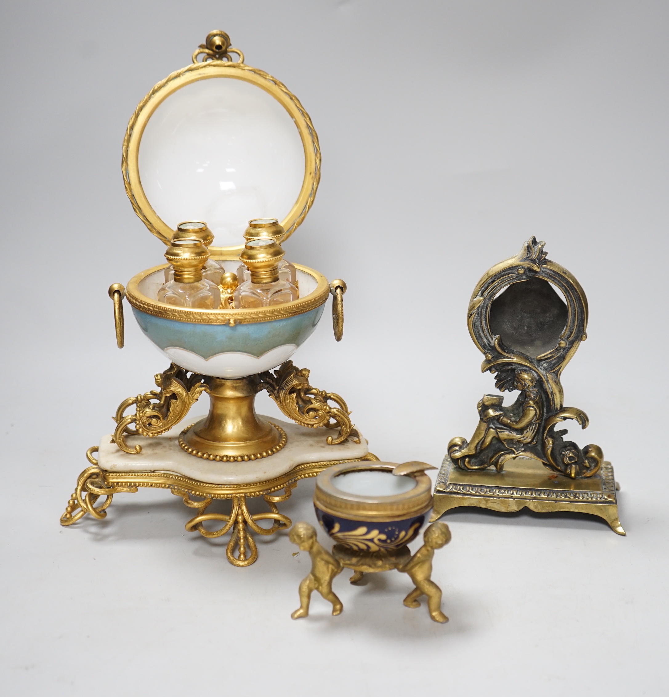 A 19th century French globular scent bottle casket together with a similar ash tray and a watch