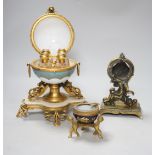 A 19th century French globular scent bottle casket together with a similar ash tray and a watch