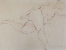 Sanguine chalk and pencil, Reclining nude lady, indistinctly signed, partial label verso, 50 x 38cm