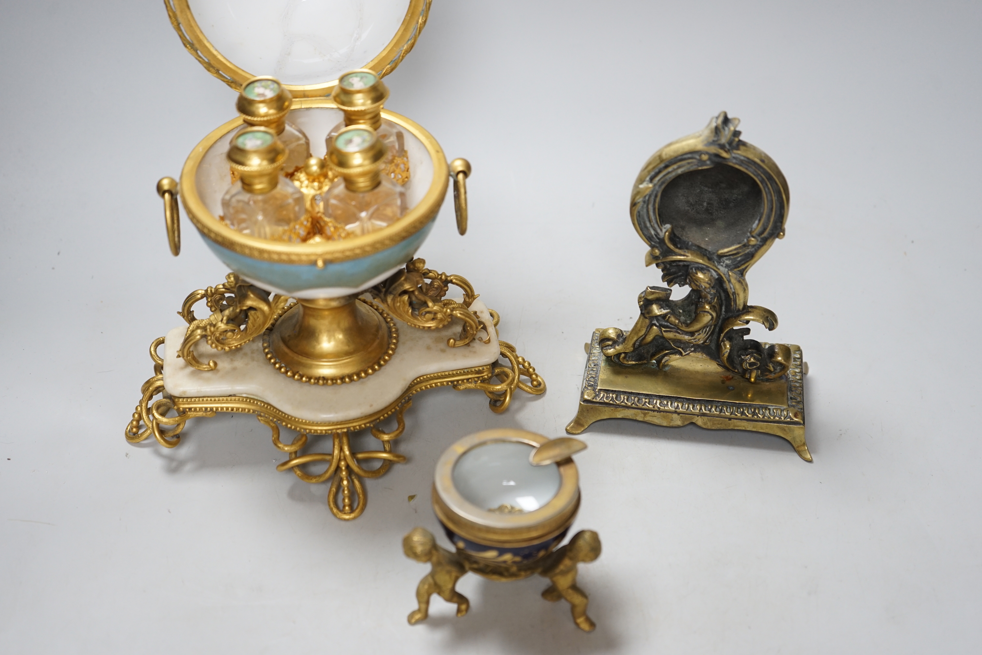A 19th century French globular scent bottle casket together with a similar ash tray and a watch - Image 3 of 5