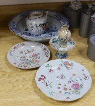 An 18th century Chinese blue and white basin, two plates, and an early 20th century Chinese