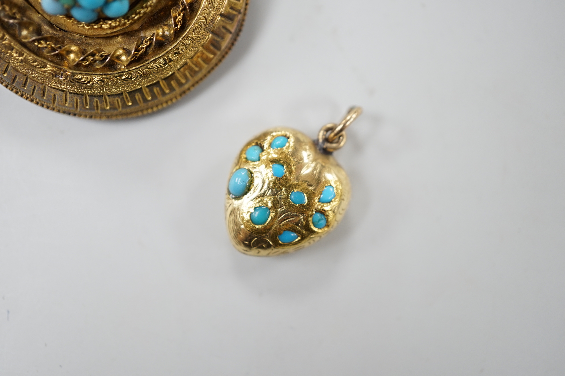 An Edwardian yellow metal and turquoise cluster set heart pendant, 16mm, together with a larger gilt - Image 3 of 4